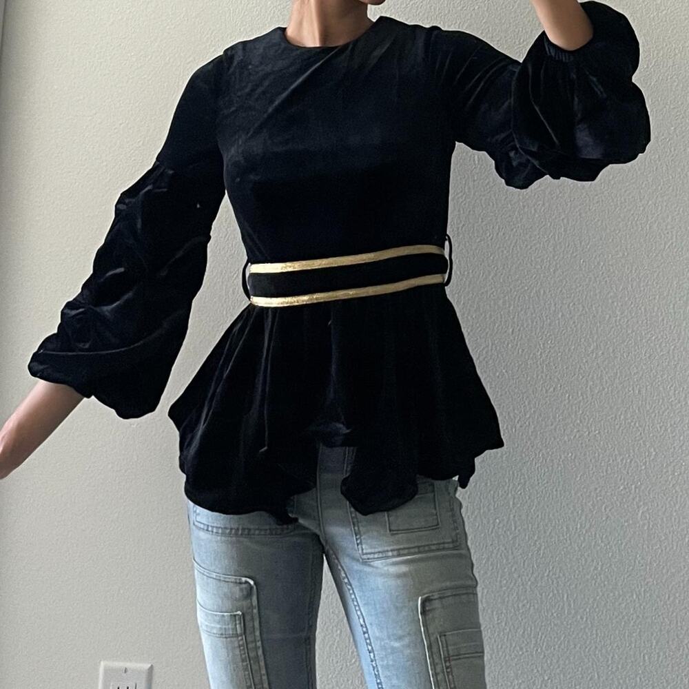 Chic Black Velvet Blouse with Gold Belt